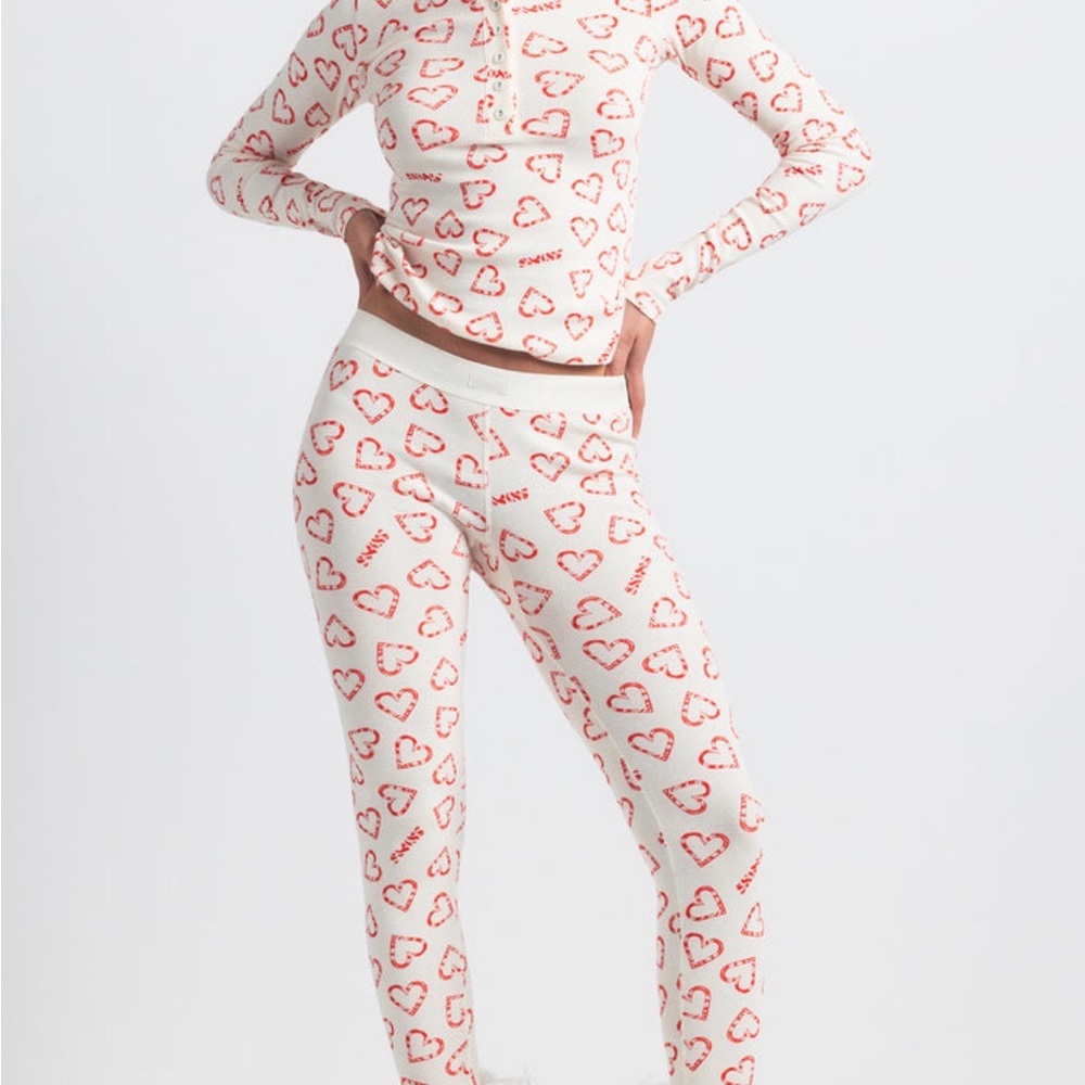 SKIMS White and Red Heart Pajama Set
